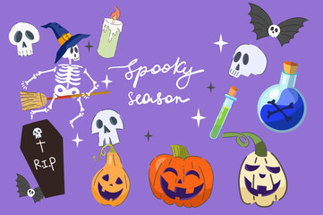 Happy Halloween day element background vector. Cute collection of skeleton, pumpkin, bat, candy, elexir, skull,. Adorable Halloween festival elements for decoration and party. Printable