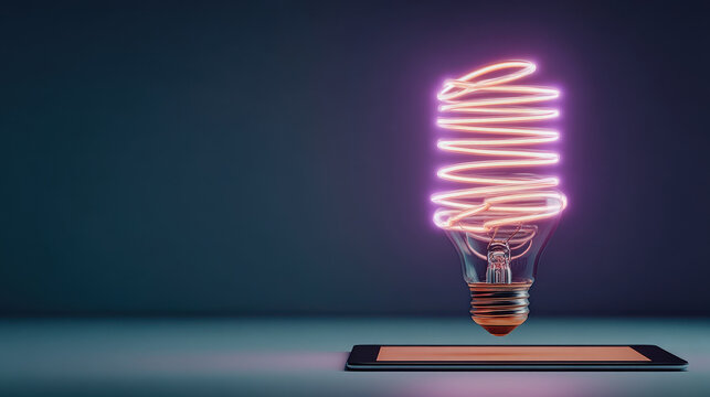 Glowing spiral light bulb hovers above tablet, symbolizing innovation and technology