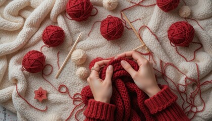 Woman knitting with red yarn surrounded by wool and tools on cozy blanket.