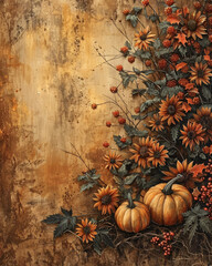 Watercolor Halloween Border with Pumpkins and Fall Flowers, high detail 4k