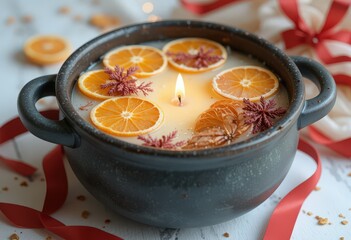 Festive citrus candle in dark pot with dried oranges and spices on white table.