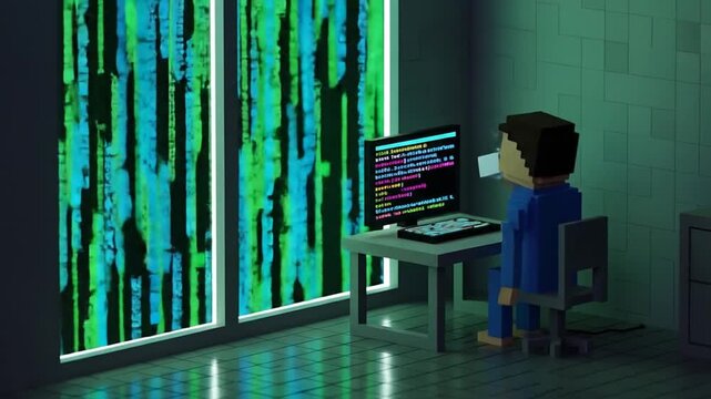 Isometric pixel art developer coding at desk with neon green digital rain outside window.