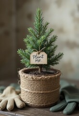 Small potted pine tree with "Plant Me" tag and gardening gloves on table.