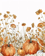 Watercolor Halloween Border with Pumpkins and Fall Flowers, high detail 4k