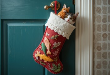 Curious cat and plush toy peeking from festive stocking on decorated door.