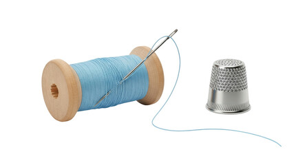 Isolated spool of blue thread with a needle and a thimble for sewing or embroidery