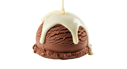 Isolated chocolate ice cream scoop with white cream sauce, a delightful sweet indulgence