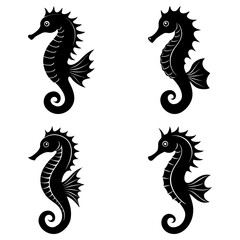 Obraz premium Four seahorses in black silhouette arranged in a square pattern on a white background simple illustration