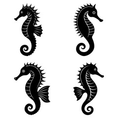 Obraz premium Four seahorses in black silhouette with spiky dorsal fins and curled tails on a white background
