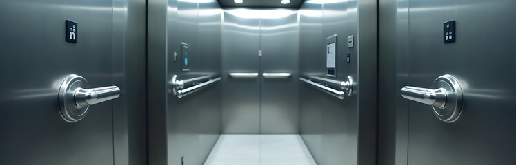 sleek stainless steel elevator car glides smoothly office lobby framed gleaming chrome door handles soft diffuse