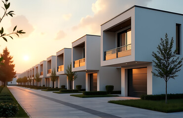 sleek row minimalist modern townhouses monochromatic facades clean lines stands warm golden evening light blurred