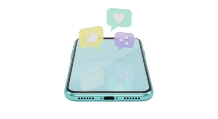 Isolated smartphone with speech bubbles representing social media engagement and network share