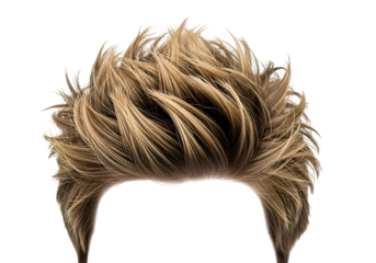 A close-up, high-fashion shot showcases tousled, light blonde hair.