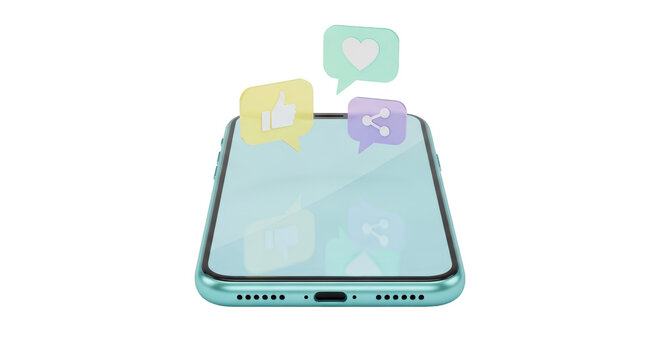 Isolated smartphone with speech bubbles representing social media engagement and network share