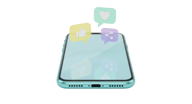 Isolated smartphone with speech bubbles representing social media engagement and network share