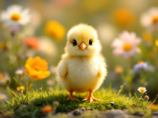 Little chicken standing in grass surrounded by flowers