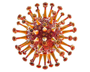 Detailed 3D rendering of a coronavirus, highlighting its surface features and structure in a scientific context.
