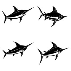 Fototapeta premium Four stylized black and white swordfish facing different directions on a white background are displayed