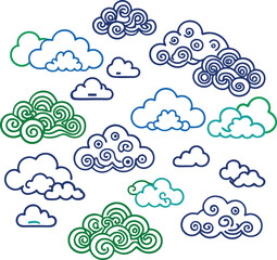 Skyline Clouds: Illustrative clusters of cumulus clouds in vibrant shades create a dynamic pattern. The illustration evokes a feeling of serenity, capturing the transient nature of the atmosphere.