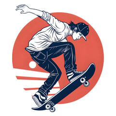 Dynamic illustration of a skateboarder performing a trick against a large orange circle