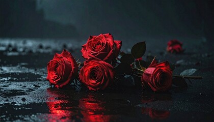 A captivating arrangement of deep red roses scattered on a wet, dark surface, with subtle red reflections illuminating the scene