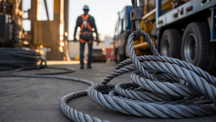 Gray metal cable texture shows strength at a construction site, providing backdrop for industrial branding or photo.