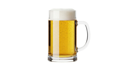 Isolated mug of delicious golden beer with thick frothy head on it, ready to drink now