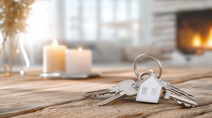 A keyring with a small house-shaped charm and several keys, lying on a rustic wooden table, with a cozy living room in the background, featuring a couch and a warm fireplace