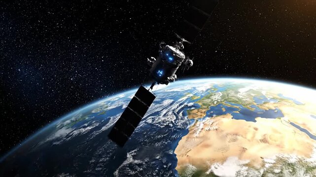 Satellite Orbiting Earth - A communication satellite orbits the Earth, showcasing a detailed view of the planet's surface and the vastness of space.