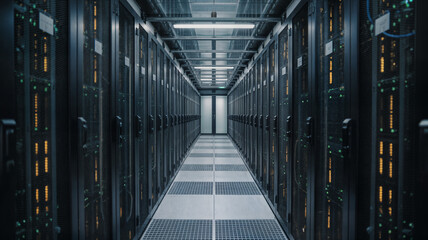 Data center server room with rows of rack cabinets for cloud computing and storage