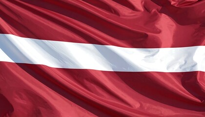 Latvia flag with deep red and white horizontal bands waving dynamically, symbolizing national pride, resilience, and cultural identity.