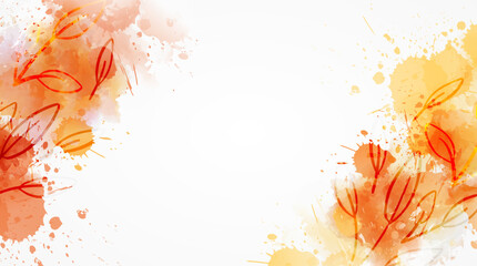 Orange delicate watercolor background with floral elements. Template for horizontal banner