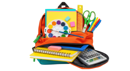 Isolated school backpack with supplies on the ground ready for class back to school