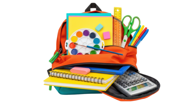 Isolated school backpack with supplies on the ground ready for class back to school