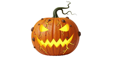 Isolated Jack-o'-lantern Halloween pumpkin with stem and spooky face, carved and glowing