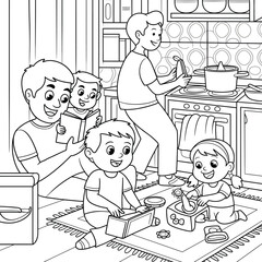 Family coloring a kitchen scene with parents and children playing and cooking Keywords: family