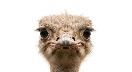 Isolated ostrich headshot with inquisitive expression, front facing animal portrait, funny face