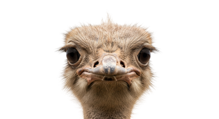 Isolated ostrich headshot with inquisitive expression, front facing animal portrait, funny face
