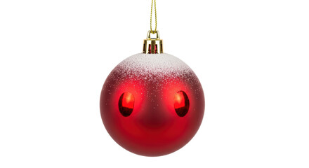Isolated red frosted Christmas ornament on gold string with sparkly snow on top ball decor