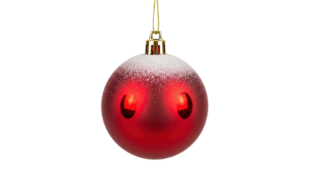 Isolated red frosted Christmas ornament on gold string with sparkly snow on top ball decor