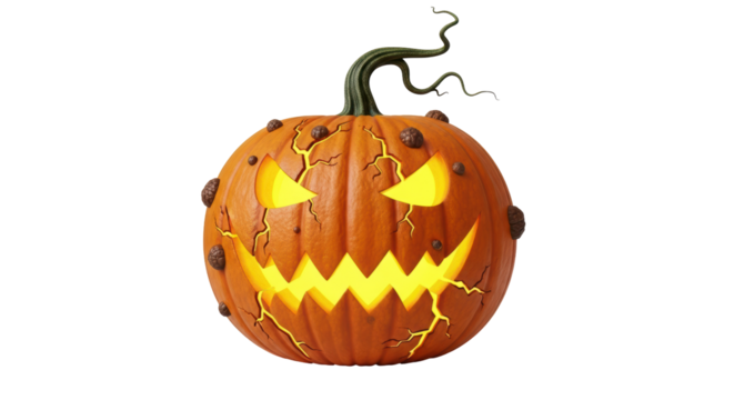 Isolated Jack-o'-lantern Halloween pumpkin with stem and spooky face, carved and glowing