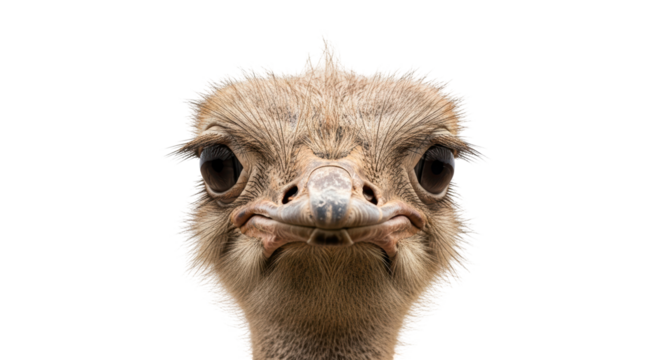 Isolated ostrich headshot with inquisitive expression, front facing animal portrait, funny face