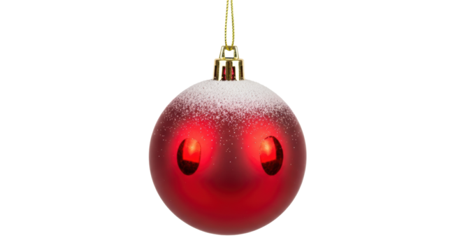 Isolated red frosted Christmas ornament on gold string with sparkly snow on top ball decor