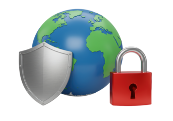 Isolated Globe protected by shield with lock, security for internet, antivirus concept