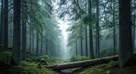 Enchanting misty forest scene with vibrant green moss and towering trees for fantasy adventure concepts