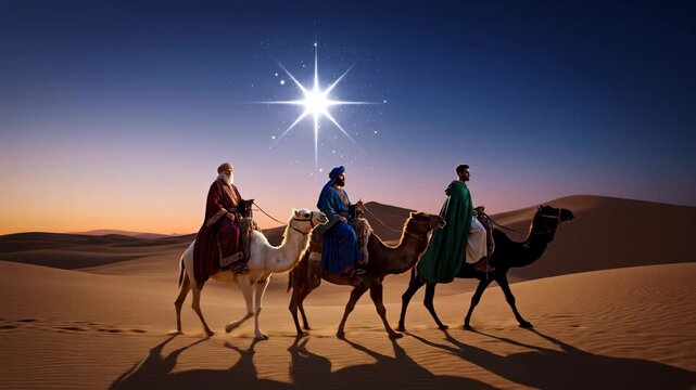 Three Wise Men Camel Ride at Twilight - Three Wise Men, riding camels, journey across a desert landscape under a twilight sky, guided by the Star of Bethlehem.