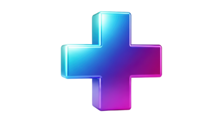 Isolated blue and purple glossy plus sign object casting a realistic shadow on a plain surface