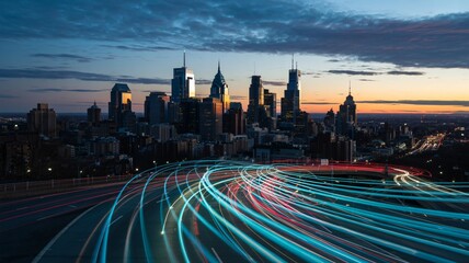 Fototapeta premium Dynamic city skyline at dusk with light trails on highway