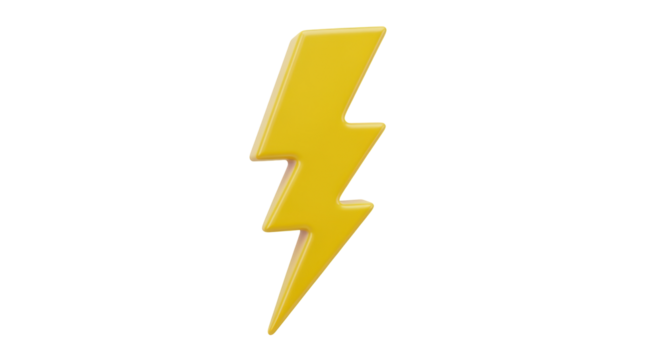 Isolated bright yellow lightning bolt icon, electricity symbol, danger sign, comic book style