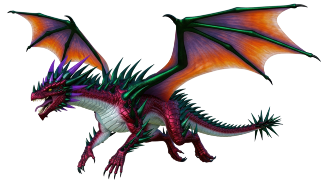 Isolated fantasy dragon with violet head spines and colorful orange wings soaring through air